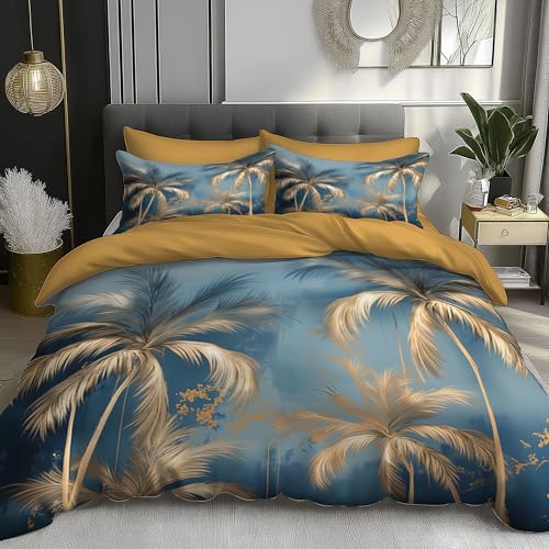 Moderne Kunst Bettwäsche 135X200Cm, Blaues Gold Palmen Bettwäsche Set...