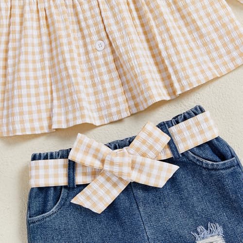 Jean Pants Set for Toddler Baby Girl Fall Two Piece Outfit Long Sleeve Ruffle Plaid Top Ripped Denim Trousers4