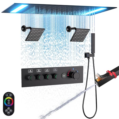 Enga Juego de grifos de ducha con cabezales de ducha dobles de 6 pulgadas, sistema de ducha termostático con pantalla de temperatura, cabezal de ducha LED de lluvia de 20 x 14 pulgadas, pulverizador