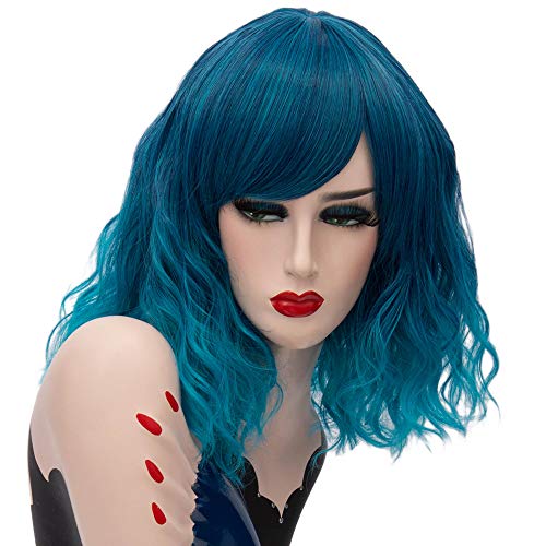 Women's Dark Blue Ombre Short Curly Full Cosplay Wig and 1 Hair Net, for Halloween Family Daily Masquerade Costume Party, Oblique Bangs, Length 14'' ; H08S
