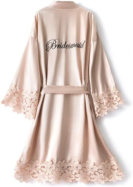 North Bund Women's Bride Bridesmaid Silky Robes with Lace Trim Bridal Embroidery Bathrobe for Wedding Party Sleepwear