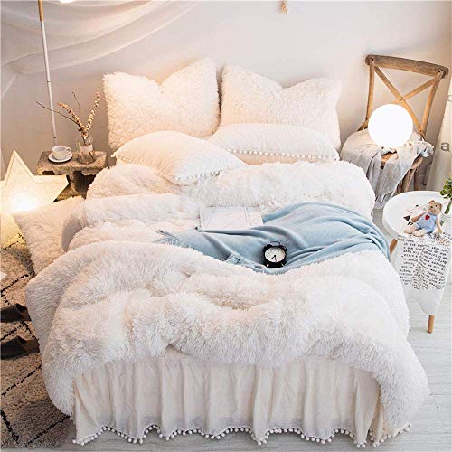 Fluffy Bedding Sets 100% Velvet Flannel 4Pcs Duvet Cover Sets (1* Duvet Cover, 1* Bed Skirt And 2*Pillow Shams), Solid Color, No Inside Filler, Zipper Closure (White, Full) #TOP3