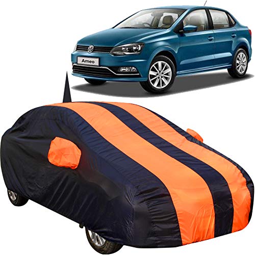Image of 190 Taffeta Water Resistant Car Body Cover Compatible with Volkswagen Ameo with Mirror & Antenna Pockets (Orange /Navy Blue)