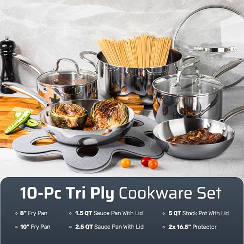 Image of Gotham Steel 10 Pcs Tri Ply Stainless Steel Cookware Set, Pots and Pans Set with Induction Bottom, Made Without PTFE PFOA PFOS, Metal Utensil Safe, Oven and Dishwasher Safe