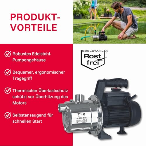 T.I.P. Edelstahl Gartenpumpe GP 3000 INOX - Leistungsstarke 550 W Pumpe mit 2950 l/h Leistung und thermischer Überlastschutz - Robustes, korrosionsbeständiges Pumpengehäuse, 30111