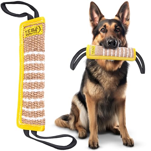 Giocattolo da mordere per cani - 30x8 cm, giallo - Giocattolo da tirare resistente con 2 maniglie forti - Cuscino da mordere in juta resistente per cani di taglia media e grande - Yes4Quality