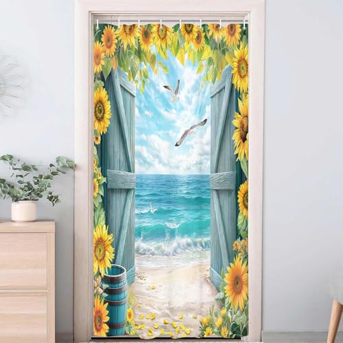 Image of Blue Beach Barn Door Shower Curtain, Ocean Coastal Seaside Shower Curtains, Rustic Sunflower Farmhouse Wood Plank Western Retro Nature Plant Waterproof Fabric Bathroom Curtain Sets with Hooks