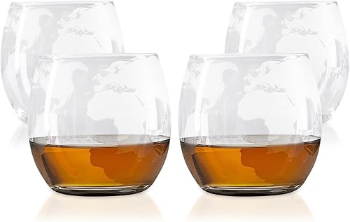 Chef's Star Vasos de whisky grabados a la antigua moda, con diseño de mapa del mundo grabados para escocés, vino y cócteles, 10 onzas, juego de 4