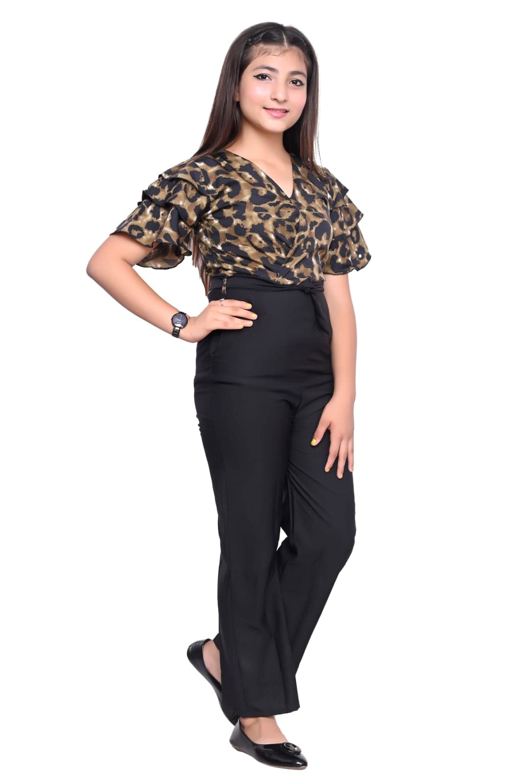 FELLAMO Girls Flared Sleeves Printed Jumpsuit-66 Brown-Black 15-16 Years 1