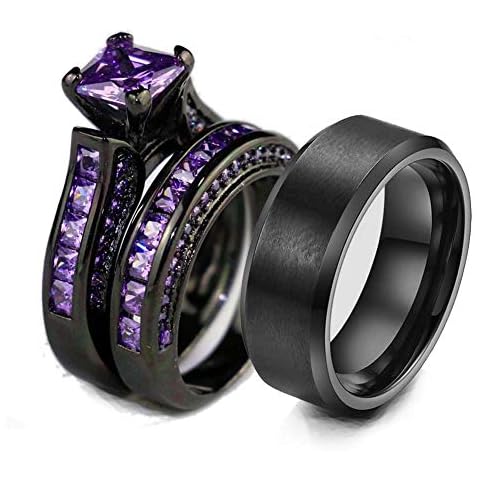 Gy Jewelry His and Hers Wedding Ring Sets Couples Matching Rings Black Women's Red Cubic Zirconia Wedding Engagement Ring Bridal Sets & Men's Tungsten Carbide Wedding Band Cover