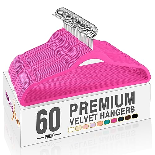 Image of HOUSE DAY Rosy Red Velvet Hangers 60 Pack, Non Slip Clothes Felt Hanger Heavy Duty for Coat, Premium Slim Space Saving Suit Hangers for Closet Organizer, 360 Rotating Silver Hook