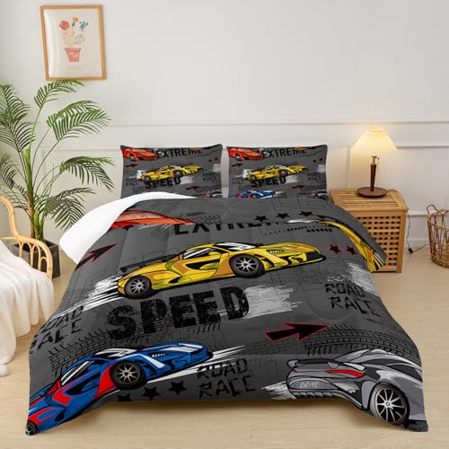 lneffble Race Car Twin Comforter Set for Boys ，Kids Race Car Twin Bedding Sets，Hot Wheels Cars Twin Bedding Set，Car Theme Room Decor for Boys