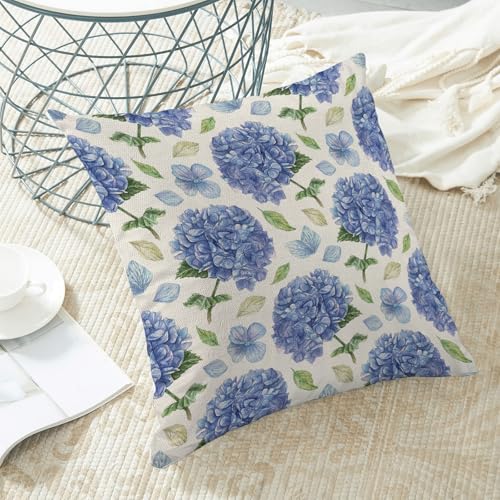 Image of AEIOAE Spring Floral Pillow Covers 18x18 Inch Set of 2, Blue Green Hydrangea Flower Leaves Throw Pillows Case,Summer Outdoor Seasonal Decorative Farmhouse Decor Cushion Covers for Home Sofa Bed Couch