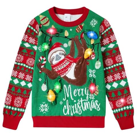 Enlifety Ugly Christmas Sweatshirt for Boys Girls Sloth Sweaters with Bulbs Size 11 12T Light up Applique Patches Xmas Pullover Cover