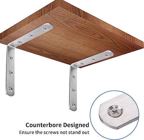 Image of YUMORE Stainless Steel Corner Brace 90 Degree Corner Bracket 100x100mm Right Angle L Brackets Small Wall Shelf Support, 6Pcs, Brushed Finish, with Screws