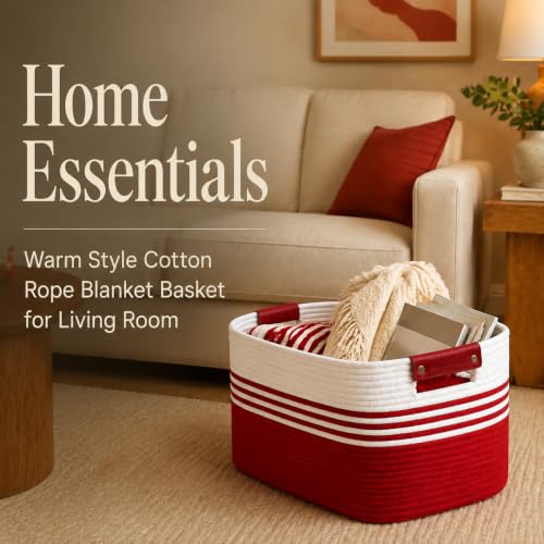 Image of 25.4GAL Collapsible Cotton Rope Extra Large Storage Basket For Bedroom Closet, Boho Rectangular Big Short Hamper Woven Storage Baskets for Living Room Throw Pillows Blankets Dirty Clothes,White Red