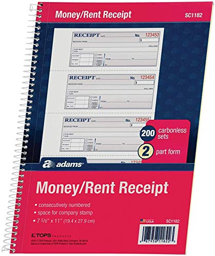 Adams Money and Rent Receipt Book, 2-Part Carbonless, 7-5/8