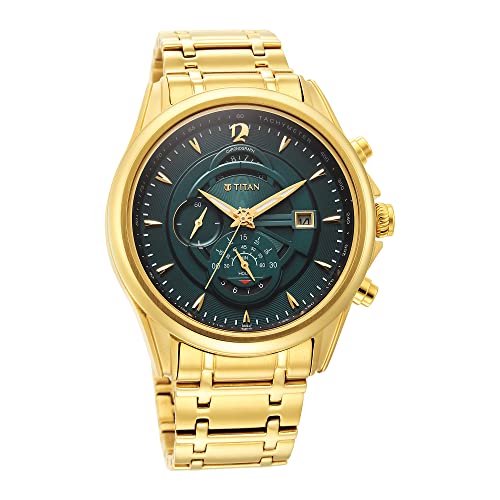 Image of Titan Regalia Premium Quartz Chronograph with Date Forest Green Dial Gold Stainless Steel Strap Watch for Men - NT1830YM02