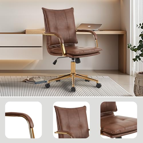 MOJAY Mid-Back Ergonomic Leather Office Desk Chair, Modern Upholstered Computer Chair, Executive Office Chair with Arms, Swivel Adjustable Rolling Chair with Gold Base (Brown) - Image 4