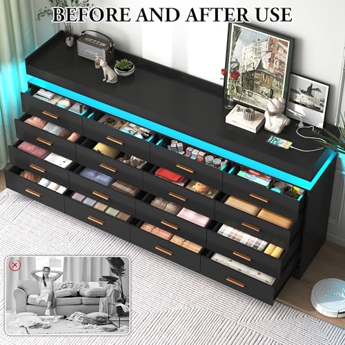 Image of jiteentarou 16 Drawer Dresser with Charging Station and LED Lights, Modern Chest of Drawers with Power Outlet, Organizer Cabinet for Bedroom, Living Room, Entryway, Black