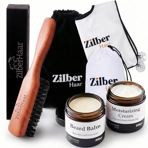 Image of ZilberHaar - Beard Care Kit for Men - 1 Regular Beard Brush + 1 Beard Balm + 1 Moisturizing Cream + 1 Beard Bib - Stiff Boar Bristles and Beech Wood - Supplied in a Velvet Bag