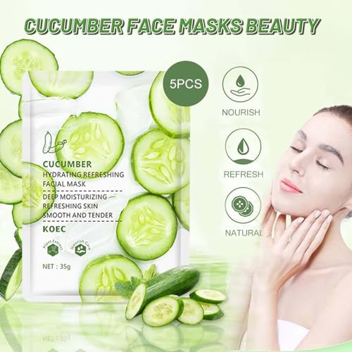 Cucumber Face Mask, 5pc Hydrating Face Masks, Hyaluronic Acid Anti Aging Soothing Brightening Skin Face Sheet Masks,Replenish Moisture Skin Brightening Skin Barrier Repair Moisturising Face Mask - Image 4