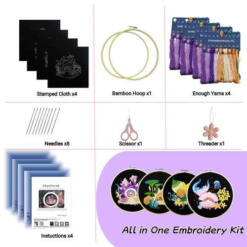 Image of Speedura 4-Set Embroidery Kit for Beginners - Easy Needlepoint Starter Kit for Adults to Learn Hand Embroidery with Stamped Designs, Cross Stitch Patterns, and Fun DIY Projects (Oceanic Treasures)