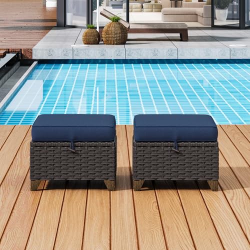 Image of 2 Pieces Patio Outdoor Ottomans with Removable and Washable Covers，PE Rattan Wicker Footstools for Porch, Garden, Sunroom (Navy Blue) | Patio Ottoman Set with Olefin Removable Cushion, All-Weather Ottoman with Deep Seat for Porch, Deck and Backyard, Blue