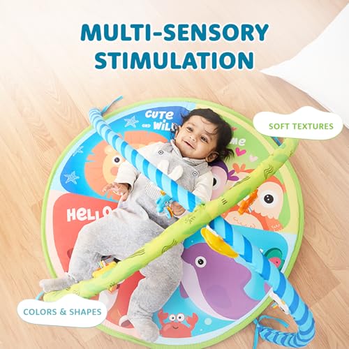 Image of Amazon Brand - Supples Baby Play Gym Mat | Activity Play Gym with Hanging Toys | 2-in-1 Baby Mat for 2+ Months | Animal Print | Multicolor | Soft Baby Bedding