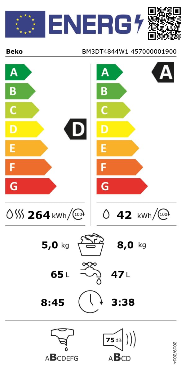 Beko BM3DT4844W1 Waschtrockner Frontlader 8 kg Waschen 5 kg Trocknen 1400 U/Min SteamCure ProSmart Inverter Motor Weiß