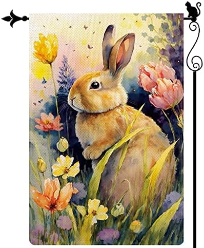 Gormcore Spring Garden Flag, Bunny Rabbit and Colorful Flowers Double Sided Burlap Yard Lawn Outdoor Decor, 12.5x18 inches