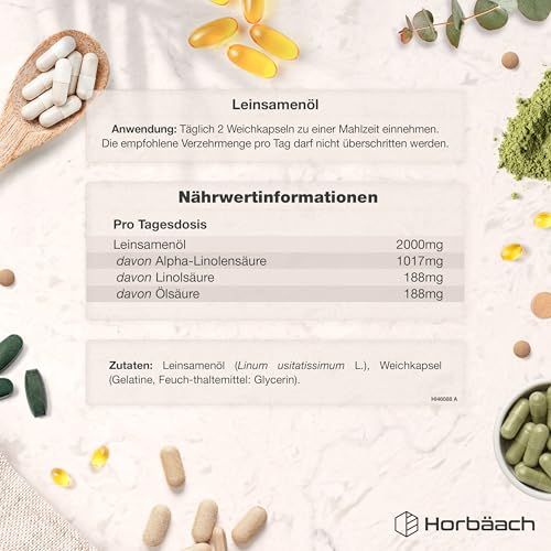 Leinöl Kapseln 2000mg | Omega 3 6 9 | 1000mg pro Kapseln | 6 Monate Vorrat - 360 Hochdosiert Weichkapseln | Kaltgepresstes Softgels | Linseed Oil Capsules | by Horbaach