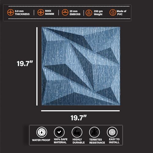 Image of Kayra Decor 3D PVC Wall Panels -Electric Blue Color Alps Design- (19.7 inch x 19.7 inch Covers 32.28 sq. ft.) (Pack of 12)