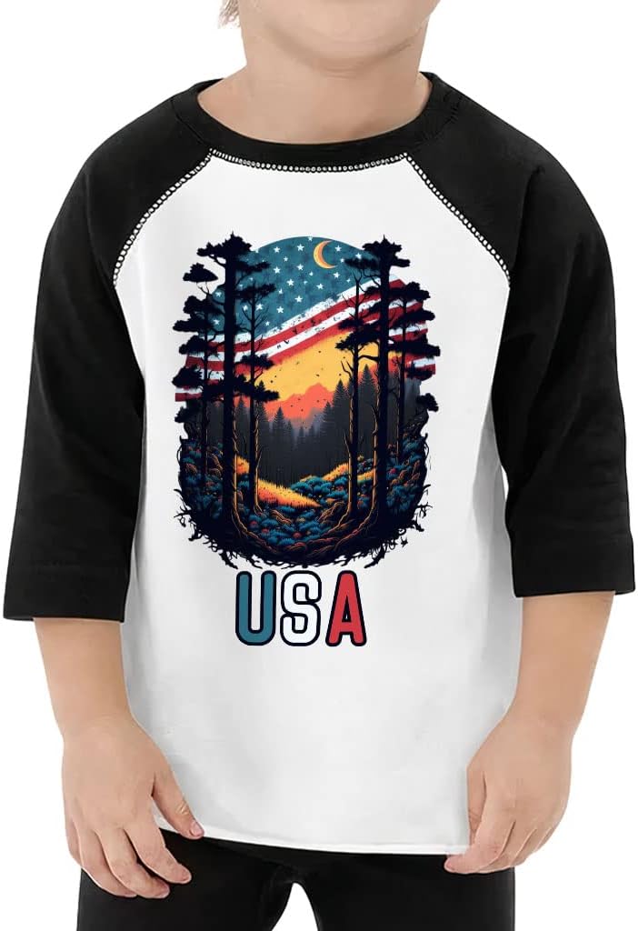 USA Print Toddler Baseball T-Shirt - Forest 3/4 Sleeve T-Shirt - Colorful Kids' Baseball Tee
