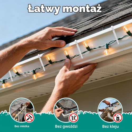 cshare Haczyk na rynnę dachową do łańcucha świetlnego, 60 x klipsów mocujących, podwójny uchwyt, uchwyt na rynnę dachową, uchwyt na Boże Narodzenie, łańcuchy świetlne, choinka, kolor
