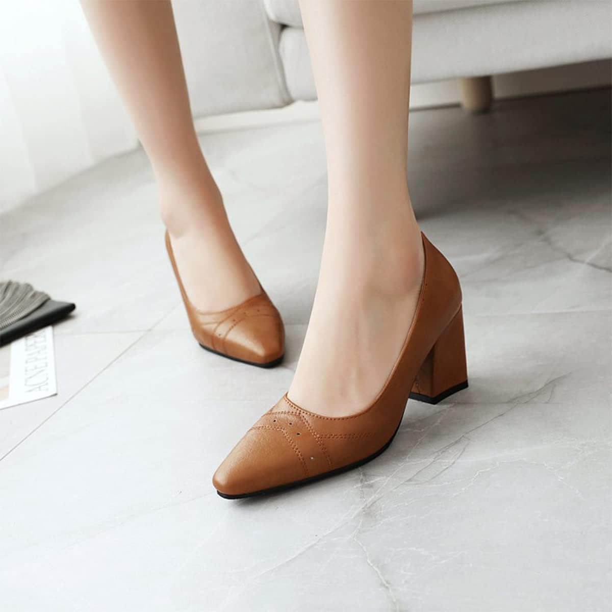 Hello Shero Chunky High Heel Pumps for Women Pointed Closed Toe Slip On Block Heeled Formal Dressy Shoes Wingtip Style Office Lady Work Church
