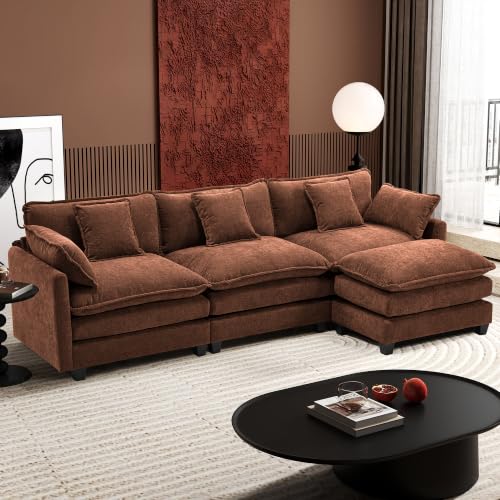 Image of Ihanherry 111.4 inch L Shaped Modern Sofa Modular Sectional Luxurious and Comfortable with Ottoman, 4-Seat Chenille Deep Seat Sofa with Pillow for Living Room, Bedroom and Apartment, Brick Red