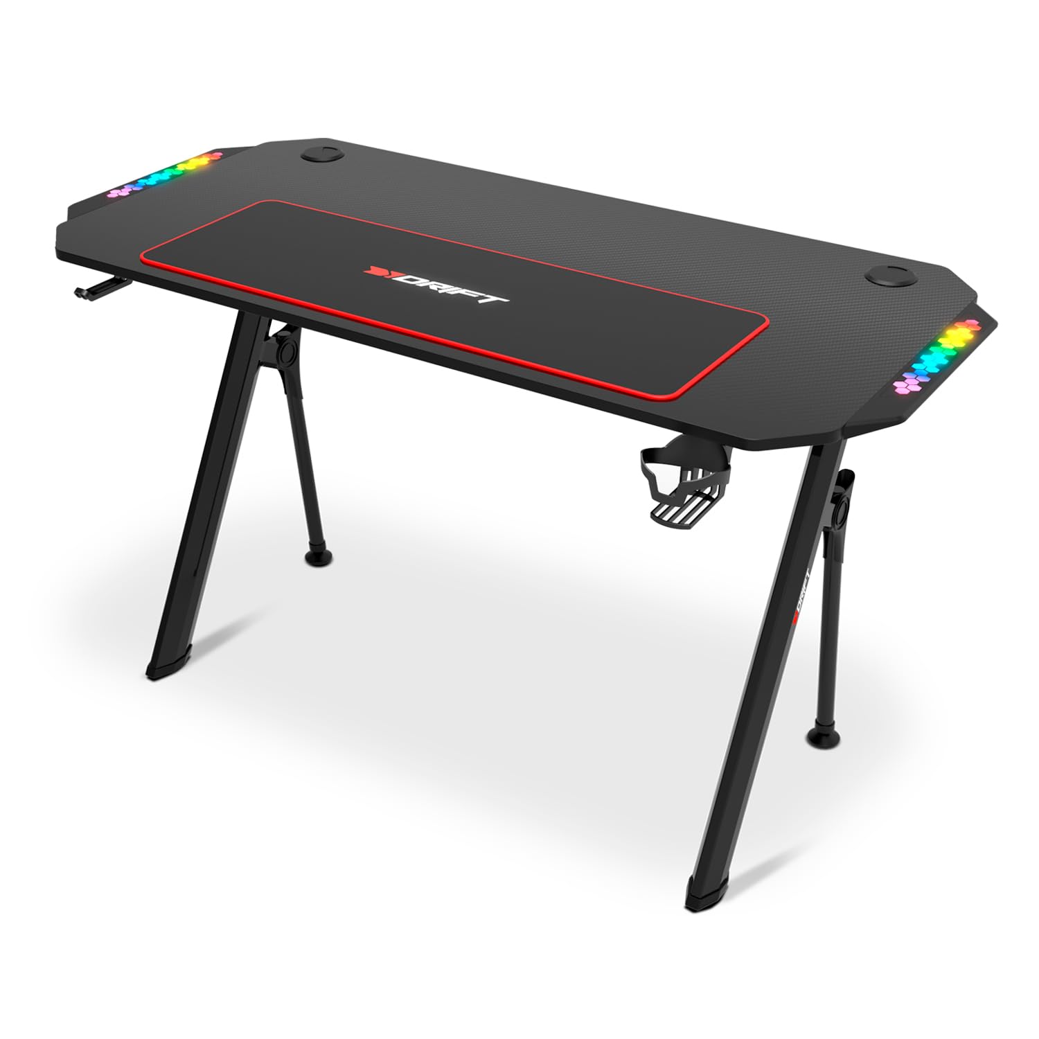 Drift Gaming DRDZ175RGB – Mesa Gaming con Tablero de Fibra de Carbono, Laterales RGB reactivos al Sonido, Alfombrilla XL, Soporte para Bebidas y Auriculares, Color Negro