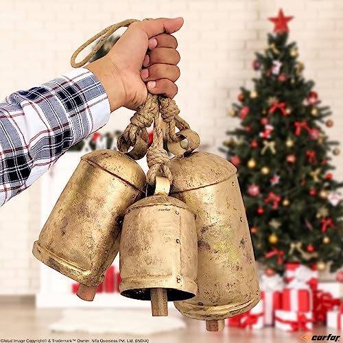 Carfar Shabby Chic Set of 3 Country Rustic Style Bells Handmade Metal Harmony Christmas Hanging Cow Bell Set on Jute Rope (Large) - Thumbnail 3