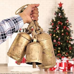 Shabby Chic Set of 3 Country Rustic Style Bells Handmade Metal Harmony Christmas Hanging Cow Bell Set on Jute Rope Large