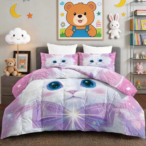 Edredón de 155x220 cm con 2 fundas de almohada de gato y estrellas 3