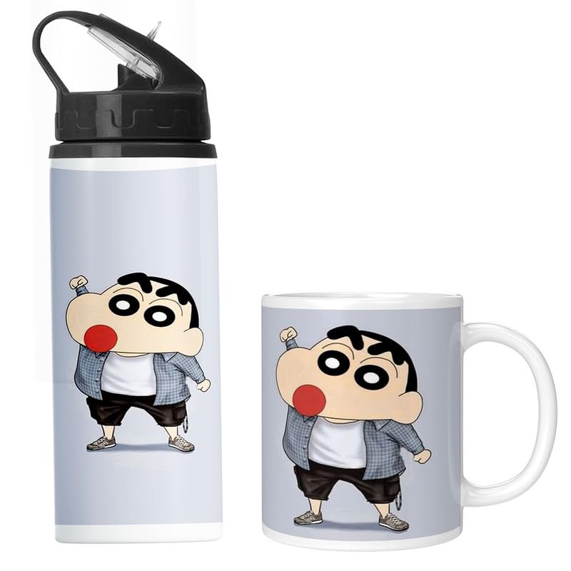 PrintWala Shinchan Character Printed Aluminum Bottle (600Ml) with Ceramic Mug (350Ml) – Fun Gift Combo for All Ages (Black Nozzle Sipper with Mug)