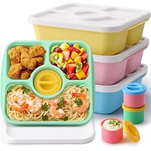 Bento Snack Box Containers, Kids Adults Bento Lunch Box Containers, 4 Pack Meal Food Prep Containers Reusable with Lids, Divided Food Storage Containers with Sauce Cups, Pastel Color