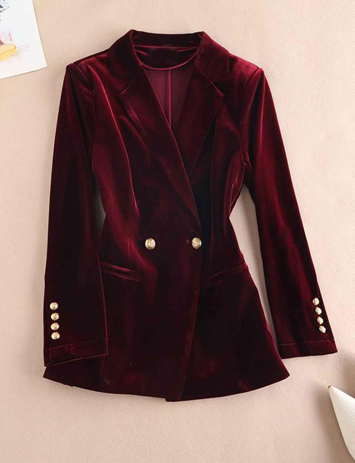 Donna Giacca in Velluto con Risvolto a Doppio Petto Blazer da Lavoro Quotidiano