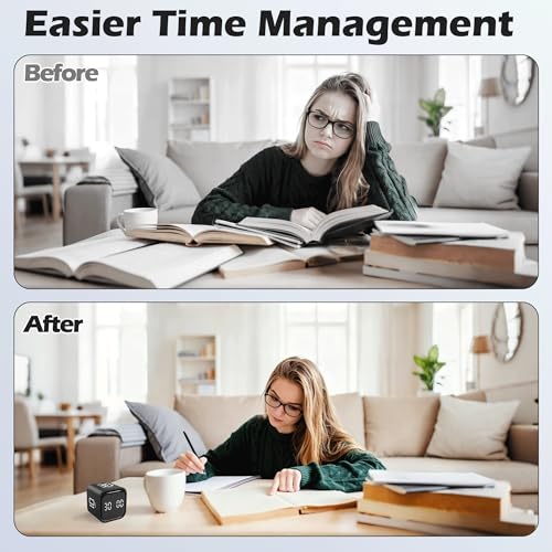 Image of Pomodoro Timer Cube, Productivity Visual Timer Flip, 5 /10 /30 /60 Min Preset Custom Countdown, ADHD Tool Rotating Countdown Stopwatch, Vibrate /High /Low Volume, for Study, Work, Game, Kitchen-Black