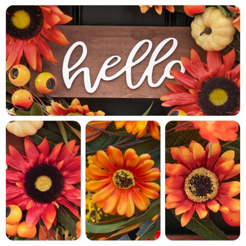 Image of 24 Inch Artificial Fall Wreaths for Front Door Outside with Hello Sign''