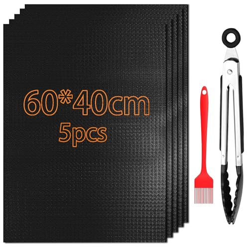 5 Piezas 60x40cm Papel de Horno Reutilizable con Cepillo y Clip, Antiadherente BBQ Grill Mat de Teflón, Grill BBQ Mats para Gas, Carbón, Parrilla, Carne, Pescado y Verduras