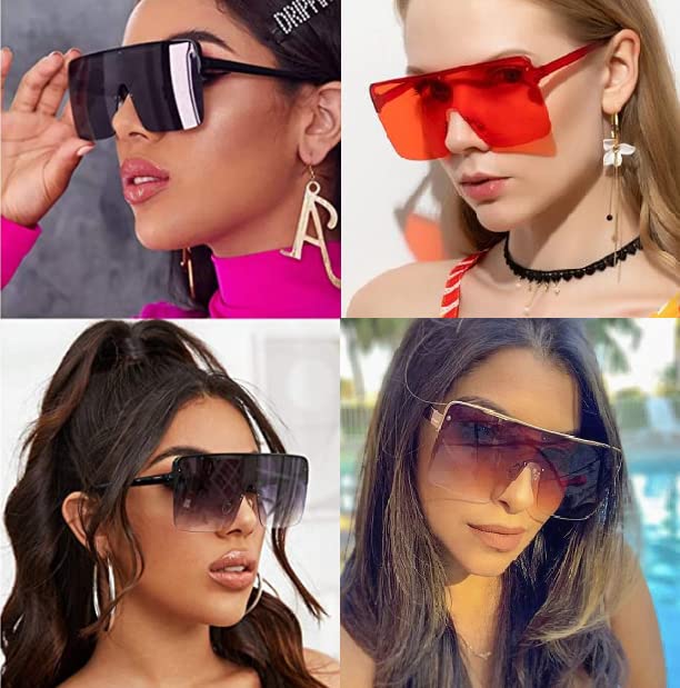 Image of W&Y YING Oversized Flat Top Shield Sunglasses for Men and Women Semi-Rimless Stylish Oversized One Piece Sport Glasses