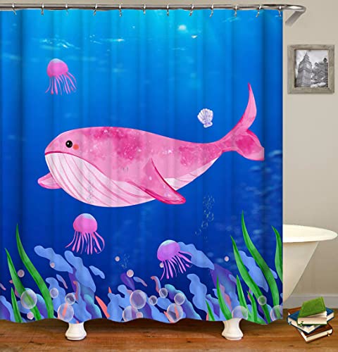 ahbreton Shower Curtains Fabric, Pink Whale Jellyfish Blue Sea Underwater Ocean World, Decorative Cloth Print Design Polyester, Bathroom Curtains Set with 12 Hooks（72x72 Inch）(WJ938)