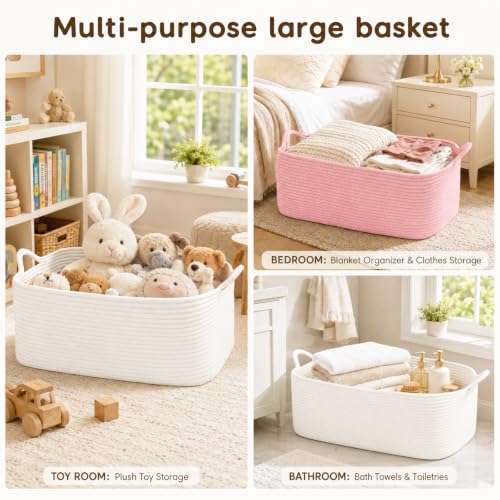 Image of OIASKET Large Empty Cotton Rope Gift Basket with Handles, 18.9 inchx13.8 inchx7.8 inch Decorative Woven Storage Basket with Gift Bag and Ribbon Set for Baby Shower, Toy Organizer for Kids, Dogs & Cats - White